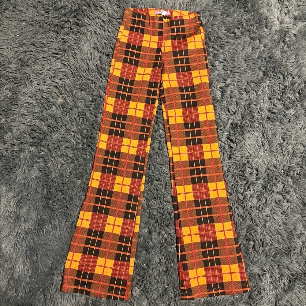 High-Rise Plaid Flared Pants in Yellow & Red - Picture 5 of 10